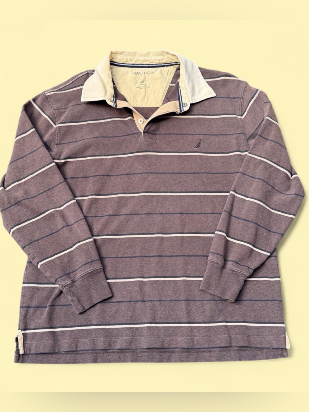 Nautica brown striped long sleeve polo shirt rugby large